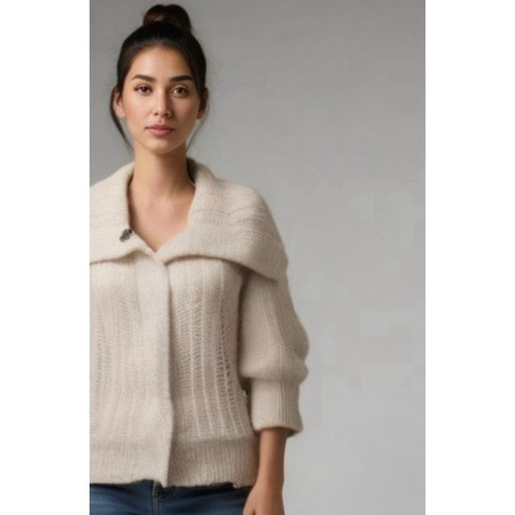 Free People Puritan Collar Peasant Boho Cardigan Sweater - Beige, Size S - Picture 9 of 9